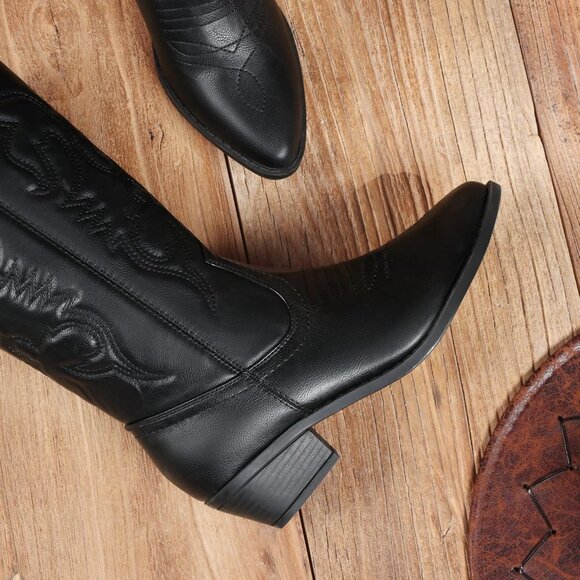 Women's Black Pointed Toe Pull On Wide Calf Pu Chunky Low Heel Cowgirl Boots - Picture 4 of 7